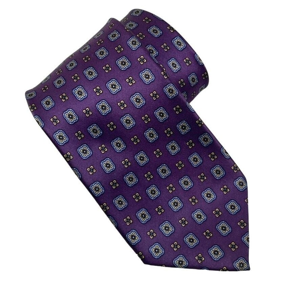 Bloomingdales Mens Store Tie Purple Geometric Classic Silk‎ Preppy Officecore